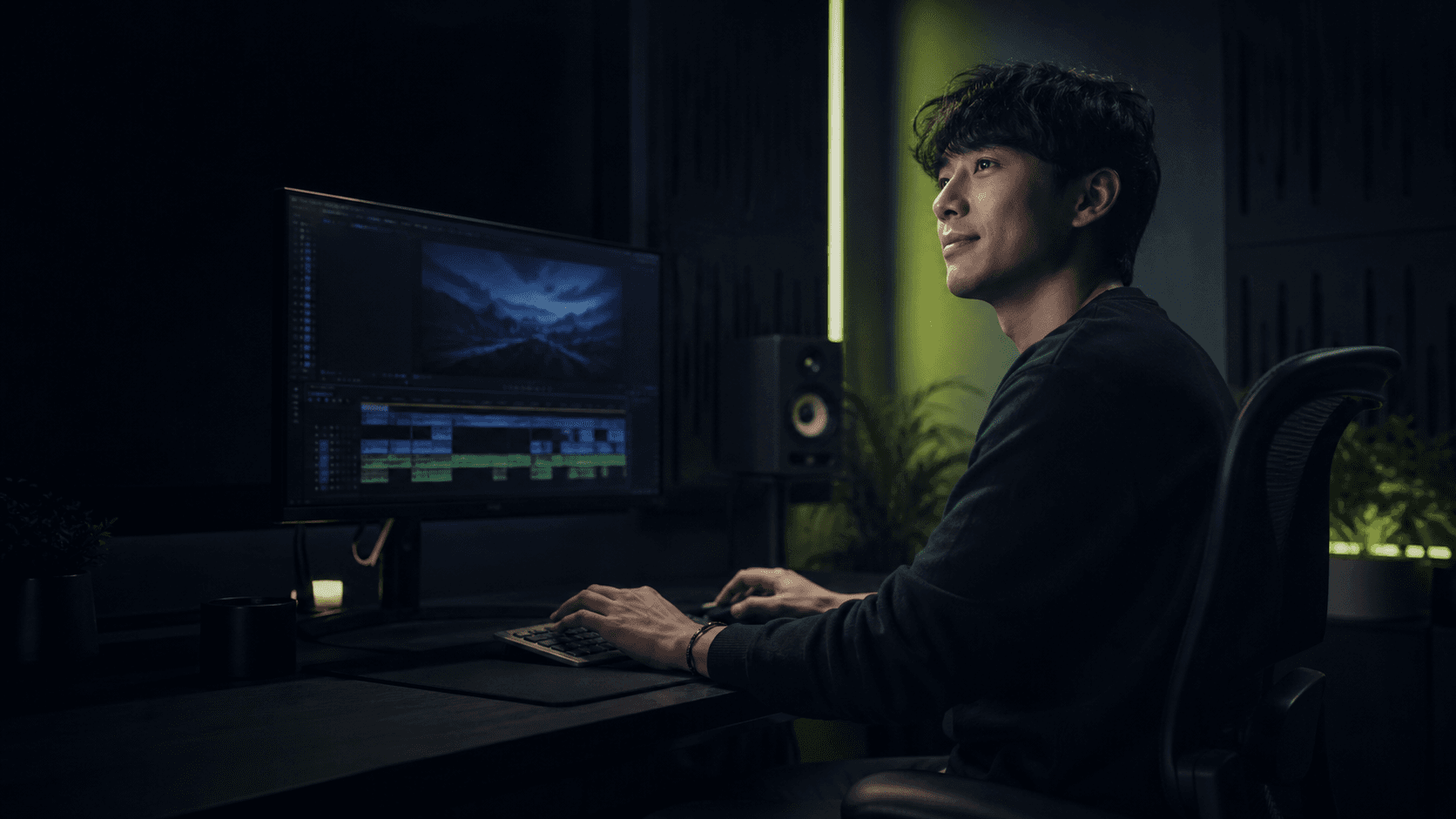 A video creator working in a dark editing studio
